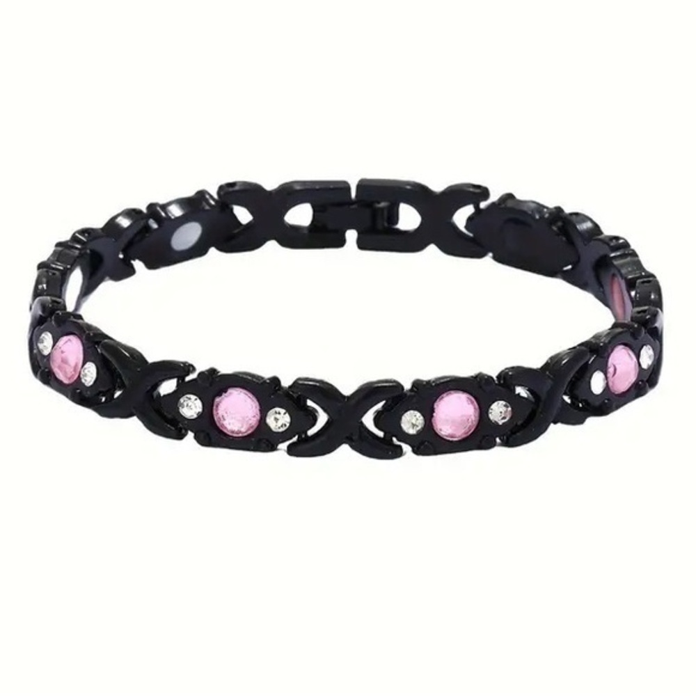 Black Titanium With Pink And White Zircon Magnetic Therapy Bracelet